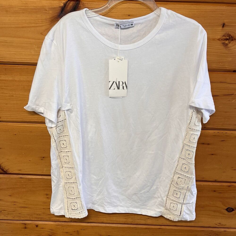 New ZARA Crochet Sides Casual Summer Women T- shirt Short Sleeve Cotton Top L